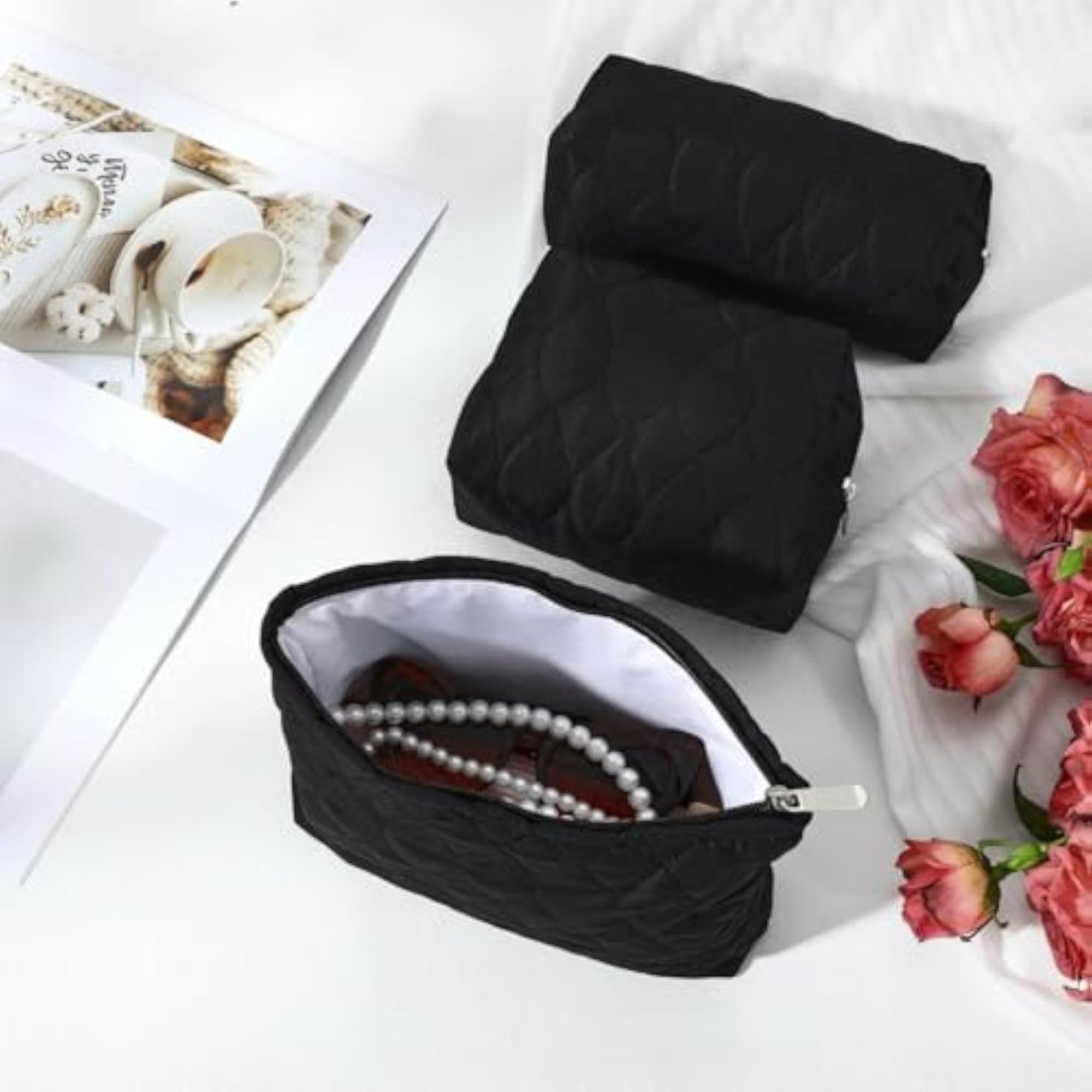3 Pcs Puffy Makeup Bag for Women, Black Medium