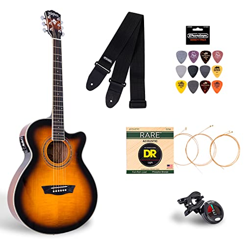 Washburn Festival EA15 Acoustic Electric Cutaway Guitar Bundle with Flame Maple Veneer Top, Includes Strap, Picks, Clip-On Tuner and Extra Set Of Strings (EA15ATB-BNDL)