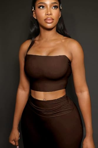 Image of Sexy Women's 2 Piece Lounge Sets Pajama Outfits Casual yoga Crop tube Top High Waist Wide Leg Foldover Flare Pants