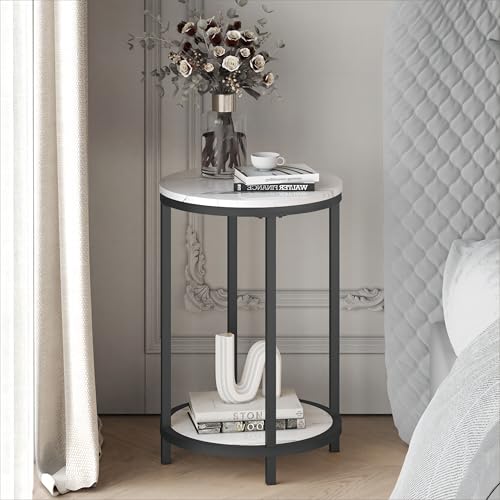 WiberWi Round Side Table, Modern Nightstand End Table with Metal Frame &Faux Marble Top, Accent Bedside Table for Living Room Bedroom Small Spaces with Storage Open Shelf, White