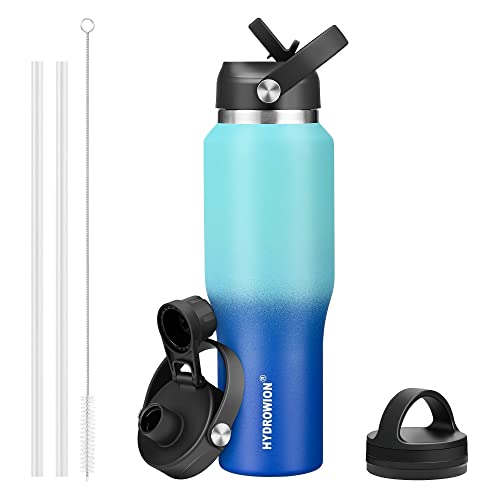 HYDROWION Botella de agua de 32 onzas, termo de viaje aislada al vacío de doble pared de acero inoxidable con tapa con popote, tapa de boquilla y tapa flexible (fría durante 48 horas, caliente durante