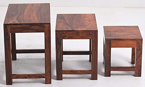 Image of Sheesham Wood Walnut Finish Bedside Nesting Table Stool -Set of 3 Stools
