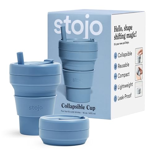 STOJO Collapsible Travel Cup With Straw - Steel Blue, 16oz /...