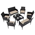 Kullavik 8 Pieces Outdoor Patio Furniture Set,PE Wicker Rattan Chairs Garden Conversation Sets with Tempered Glass Table and Soft Cushions for Lawn,Pool or Backyard,Sand