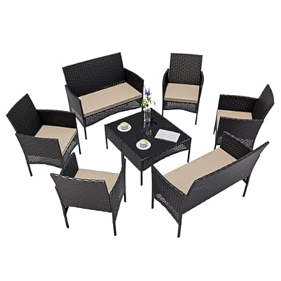 Kullavik 8 Pieces Outdoor Patio Furniture Set,PE Wicker Rattan Chairs Garden Conversation Sets with Tempered Glass Table and Soft Cushions for Lawn,Pool or Backyard,Sand