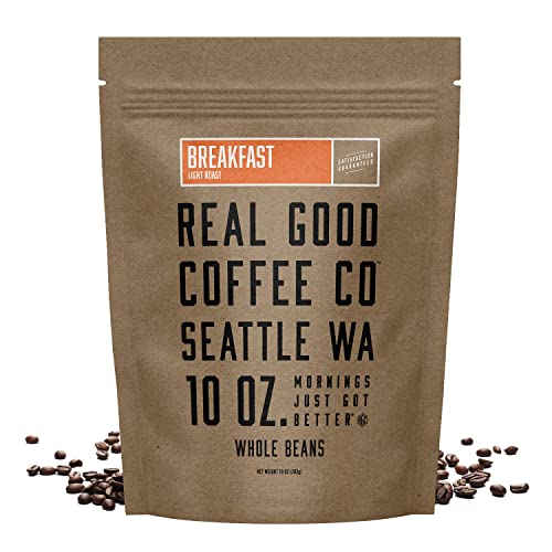 Real Good Coffee Company - Whole Bean Coffee - Breakfast Blend Light Roast Coffee Beans - 10 Ounce Bag - 100% Whole Arabica Beans - Grind At Home, Brew How You Like #TOP8
