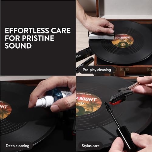 Big Fudge Vinyl Schallplatten Reinigung Set - 6-in-1 Vinyl Reiniger Inkl. Schallplattenbürste, Nadelbürste, Reinigungslösung, Mikrofaserhandtuch & Trocknungsständer