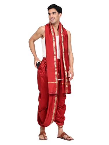 Image of Rameshwaram Fabrics Mens Ready to Wear Silk Dhoti with Angwastra Set - Pocket Dhothi