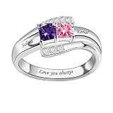 Personalized Mother Ring with 2 Square Birthstones and Engraved Names Sterling Silver Family Ring fo