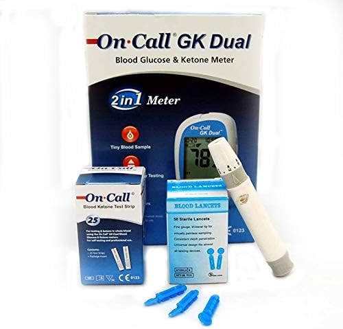 On Call GK Meter 25 Ketone Test Strips Lancer+Lancets Bundle Starter Pack displays in mmol/L