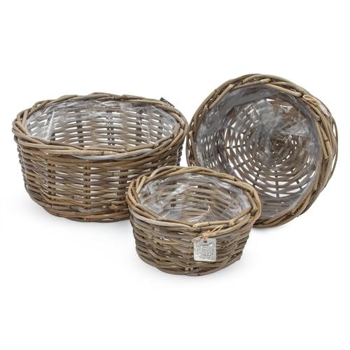 Spetebo Pflanzschale aus Rattan im 3er Set - 30/26 / 21 cm - Blumentopf mit Folie ausgekleidet - Garten Deko Pflanztopf Weidekorb Blumenkorb Pflanzkorb Flechtkorb für Blumen
