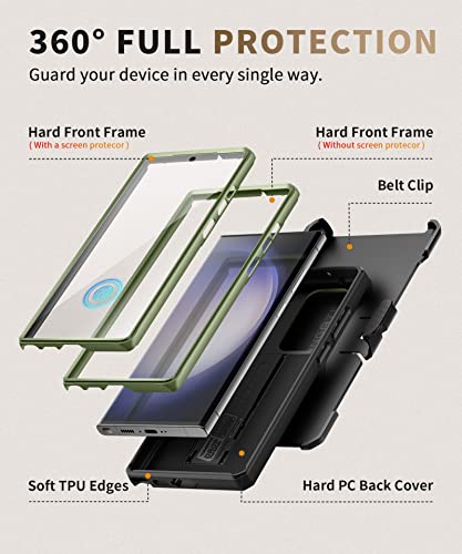 Tongate For Samsung Galaxy S23 Ultra Case, [Bulit-In Slide Camera Cover & Screen Protector] [2 Front Frame] Military Grade Shockproof S23 Ultra Phone Case With Kickstand & Belt-Clip 6.8", Green #TOP4