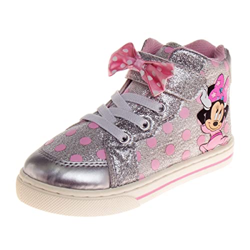 Minnie Mouse Shoes Girls Sneakers - High Top Casual Canvas Characters Slip on Kids Shoes - Silver/Pink (9 Medium Toddler)