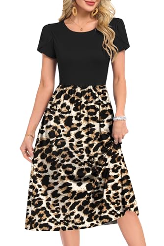 MOLERANI Damen Sommerkleid - Blütenblatt Ärmel Rundhals Freizeitkleid Knielang Loose Swing Damenkleid Casual Tunika Kleid mit Tasche Braun Schwarz Leopard S 2