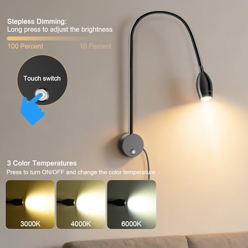 Image of ERAY 1 Pack Plug-in LED Wall Mounted Bedside Reading Light for Bed | Touch Control, 3 Dimmable, 360Flexible Gooseneck Headboard Book Reading Night Lamp Wall Sconce,Eye-Caring, 3000k-6000k