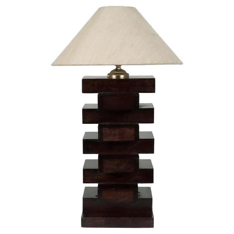 Image of tu casa Table Lamps with Mango Wood Base & Off-White Cotton Shades for Home Decor, Bedrooms, Living Room, Gifting, Diwali Decoration, Dining Space, Study Room, Hall (Height- 54cm) - Bulb not Included