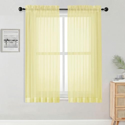 Image of OWENIE Sheer Curtains 63 Inch Length 2 Panels Set for Bedroom Living Room, Modern Soft Solid Light Filtering Sheer Curtain, Rod Pocket Window Treatments, 42 inch Wx63 L, Light Yellow