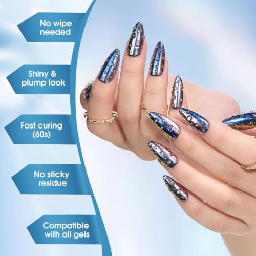 Image of THR3E STROKES Water Drop Gel Top Coat, 3D Rain Drop Effect Non-Wipe Glossy Shiny Nail Art Top coat, DIY Bubble Ice Dew Soak Off UV LED Gel Nail Polish at Home -7.5ML