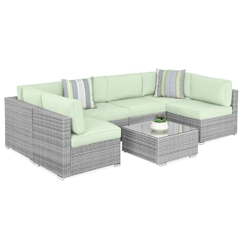 Best Choice Products 7-Piece Modular Outdoor Sectional Wicker Patio Conversation Set w/ 2 Pillows, Coffee Table, Cover Included - Gray/Light Mint