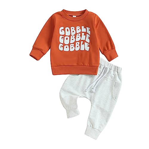 Toddler Baby Thanksgiving Outfit Boy Girl Gobble Letter Print Pullover Sweatshirt Solid Color Pants Fall Clothes (Orange, 0-6 Months)