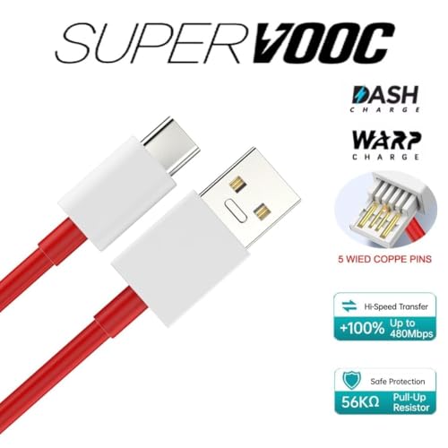 Image of One Plus 80W Fast Charging USB-A to Type-C Cable|Ultra Fast Charging|WARP /Dash Compatible|Compatible with One Plus 13 /13S /13R /12 /12R /11 /11R /10 /10R /10T /10 Pro /9 /9R /9 Pro /Nord 5 / Lite