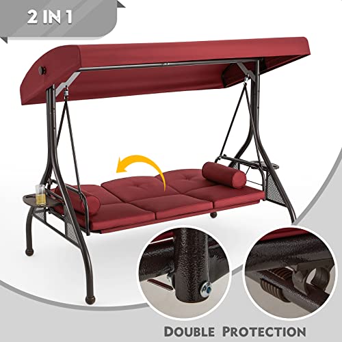 Image of HOMREST 3 Seat Outdoor Porch Swing with Adjustable Canopy, Convertible Patio Swing Bed with Stand, Patio Glider Swing with Upgraded Cup Holder, Thicken Cushions ＆ Pillow for Backyard(Wine Red)