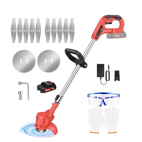 21V Coupe Bordure sans Fil avec Batterie, Coupe-Herbe électrique,Débroussailleuse à Gazon sans balais,Tête Orientable à 90°, Hauteur Réglable(1xbatterie /Rouge)