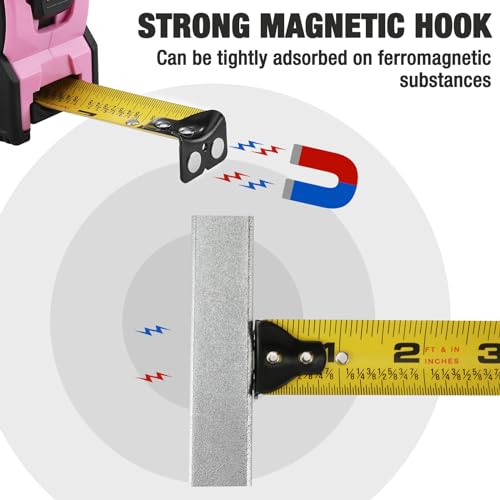 Image of WORKPRO 25FT Pink Tape Measure, 1 /8 Fractions Easy Read Measuring Tape | Retractable Nylon Coating Measurement Tape Accuracy 1 /32, Magnetic Hook, Belt Clip, Rubber Protective Casing - Pink Ribbon