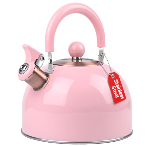 Rixordd 2.6 Quart Pink Whistling Tea Kettle for Stovetop Stainless Steel Teapot with Cool-Touch Handle Loud Whistle Wide Base Induction Compatible for Gas Electric Glass Cooktops