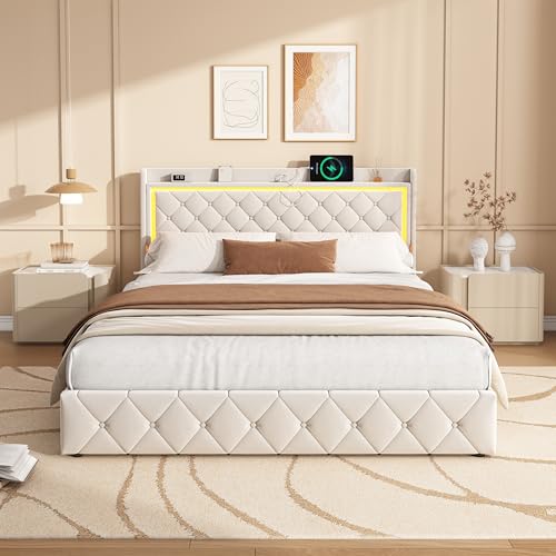 Quiaviank Cama tapizada LED de 160 x 200 cm con carga USB y tipo C, cama doble con 4 cajones y cabecero, estructura de cama con somier, sin colchón, terciopelo beige