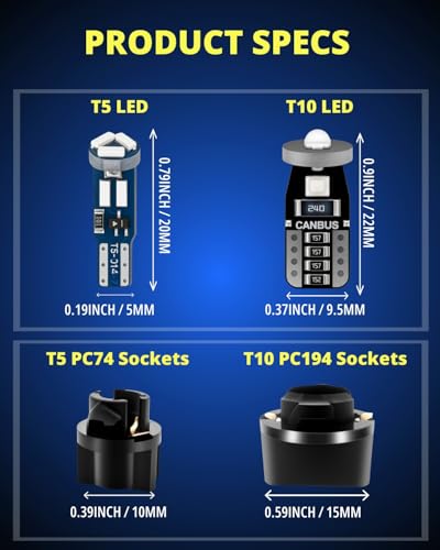 Image of WLJH 40-Pack Blue T10 T5 LED Bulb with Twist Socket, Polarity-Free Dimmable | 4014 SMD, 300lm, 194 168 W5W 2721 74, Dash Gauge Lights for Instrument Cluster HVAC Interior Dome Map License Plate