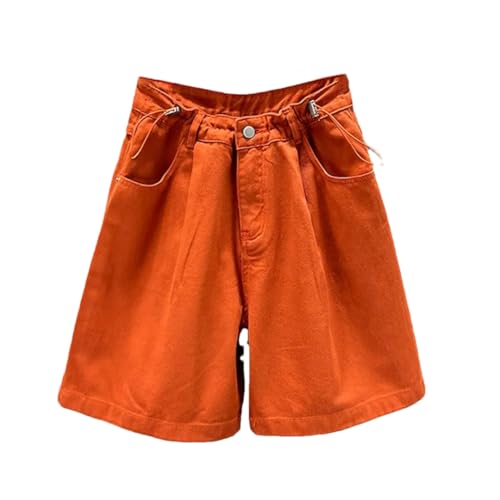 Pegsmio Pantalones cortos de mezclilla de cintura alta para mujer, ajustables, elásticos, para verano, pantalones cortos de pierna ancha, Anaranjado, M