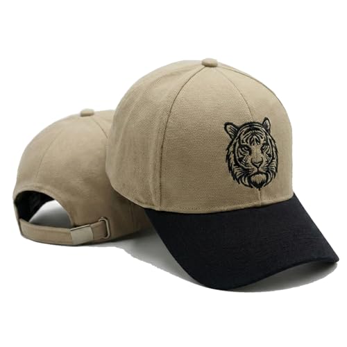 Image of Beige Cotton Baseball Cap with Tiger Embroidery for Men & Women, Adjustable Metal Buckle Strap, Curved Visor Sun Cap for Casual Wear, Travel & Outdoor (Pack of 1)