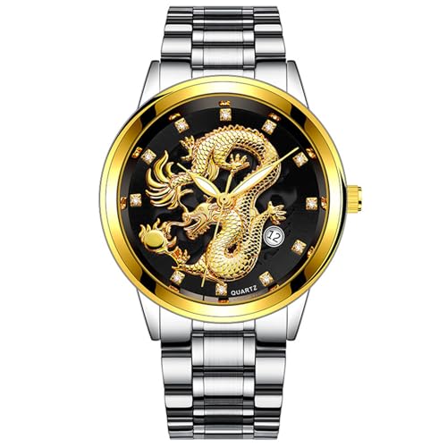 Generico Montre de luxe en acier inoxydable dragon gravé avec date et cadran diamant classique montre de travail décontractée, J