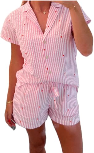 Image of Yiulangde Women's Easter Pajamas 2 Piece Sets Satin Short Sleeve Preppy Easter Eggs Bunny PJs Outfit Button Up Loungewear Set