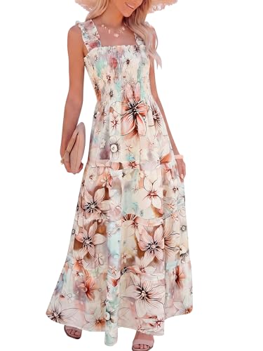 Image of Caracilia Womens Summer Maxi Dresses Floral Smocked Sleeveless Ruffle Boho Casual Flowy Aline Beach Vacation Long Sundress