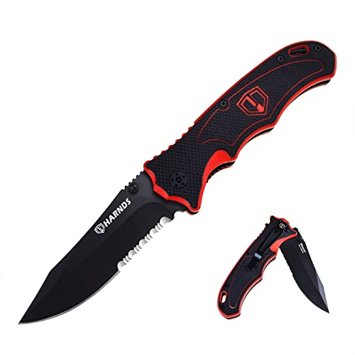Harnds Blazer Cuchillo Plegable de Caza al Aire Libre Camping Hoja de Acero 9Cr18MoV Doble Cierre de Seguridad Mango G10 con Funda Cuchillo Plegable (Titanio negro)