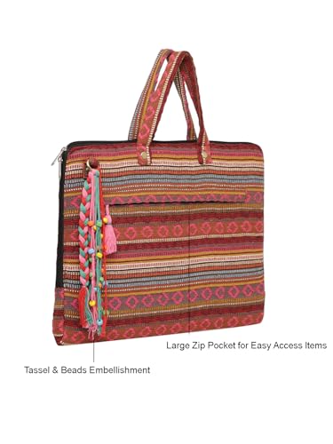 Image of The House of tara Office Laptop Bag for Women 13.3 And 15.6 Inch | Ideal For Office & Travel | Multicolour Embellished Handloom Fabric | MacBook Messenger Business Bag for ladies