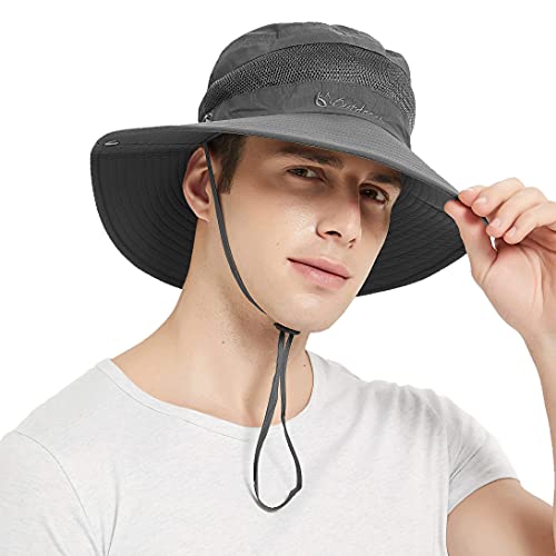 Fishing Hat for Men Women, Safari Cap Wide Brim Bucket Hat with Sun Protection UPF 58+ Breathable Boonie Hat Dark Gray