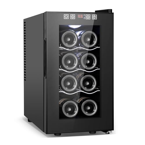 Image of Tylza 8 Bottles Wine Fridge, Wine Cellar with Low-E Tempered Glass Door, LED Touchscreen, Lock, Frost Free, No Vibration, Wine Cooler Refrigerator for Red, White, Champagne or Sparkling Wine, Black