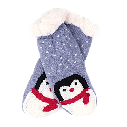 Girls' Youth Winter Penguin Plush Fuzzy Sherpa Slipper Socks - Gray