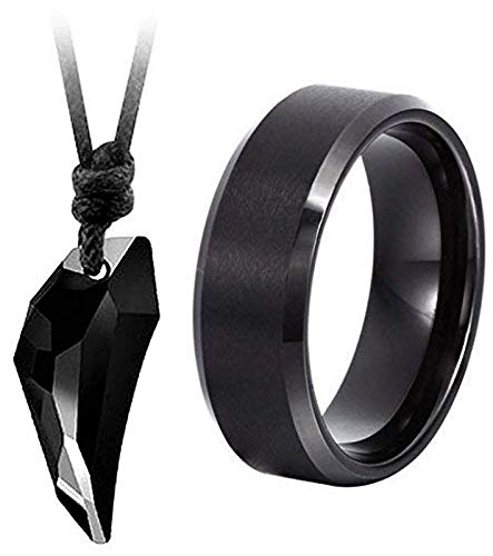 Yellow Chimes Wolf Tooth Crystal Adjustable Black Leather Rope Pendant for Men and Women and Yellow Chimes 316L Stainless Steel Black Band Ring for Men and Women (9)