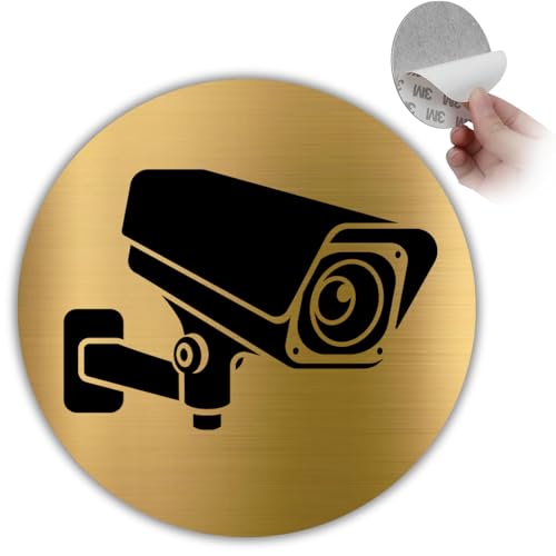 LEIASA | Señal Zona Videovigilada Dorado   Diámetro 10 cm   Grosor 0.8 mm   Aluminio   Placa Redonda Adhesiva   Cartel Cámaras de Seguridad   Rótulo Aviso   (Señal Alarma)