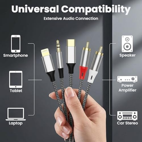 Image of ZORBES 3-in-1 RCA Audio Cable 1.3M /4.26FT, AUX Cable with Lighting /USB-C /3.5mm to RCA, Braided Stereo with Dual Male (Red /White), Hi-Fi Sound for Power Amplifier, Car, Home Theater, Speaker