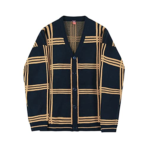 Men's Plaid Knitted Cardigan Male Casual Loose V-Neck Sweater Men Long Sleeve Thick Button Down Cardigan