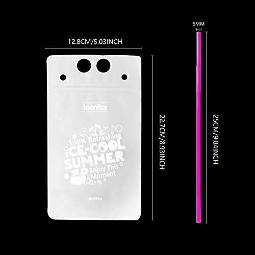 image for Teenitor 100 Drink Pouches Bags with 100 Disposable Plastic Straws, Sm