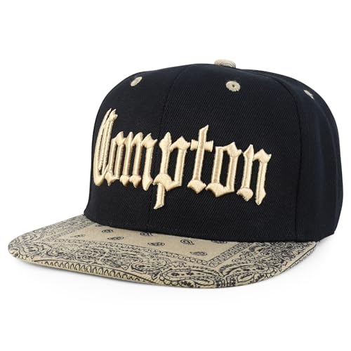 Trendy Apparel Shop Compton Old English Font Embroidered Bandana Flatbill Cap - Black Khaki