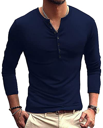 LVCBL Chemise Henley basique à col rond pour homme avec boutons et manches longues, 03 Bleu marine, XXL Cover