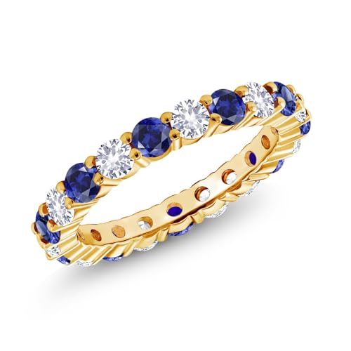 Gem Stone King 18K Yellow Gold Plated Silver Round Blue and White Created Sapphire Eternity Band Ring For Women | 2.70 Cttw | Gemstone Birthstone | Available In Size 5, 6, 7, 8, 9
