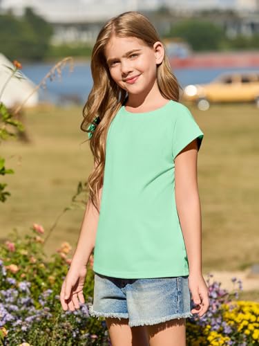 Image of Haloumoning Girls Cap Sleeve T Shirts Kids Summer Crewneck Solid Tops Tees 5-14 Years
